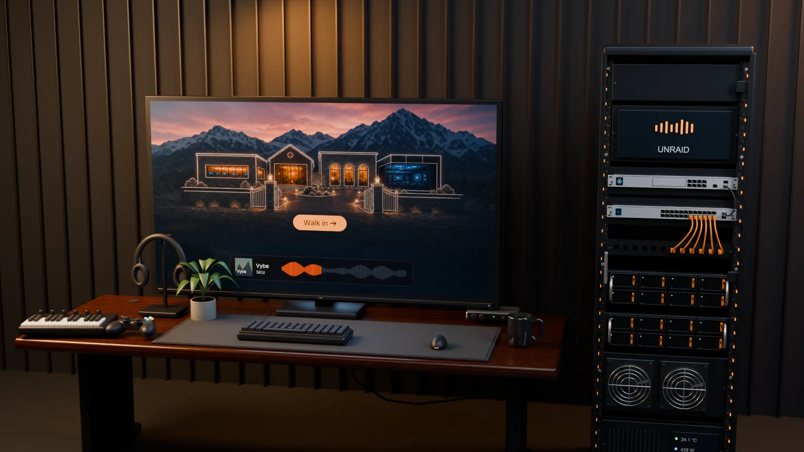 An amber-lit workstation with a dashboard monitor, music and gaming gear, and a server rack
